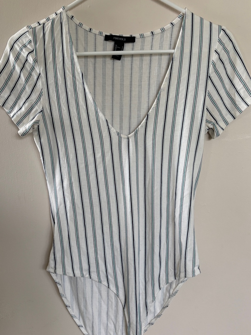 Forever 21 White Bodysuit with Navy Vertical Stripes